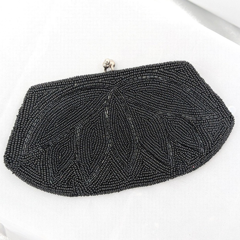 Vintage Black Beaded Clutch Leaf Pattern Evening Bag Cocktail Formal